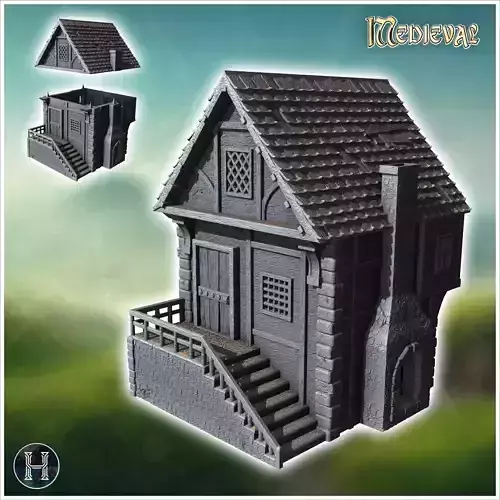 Medieval house with outdoor fireplace half-timbered walls and ac