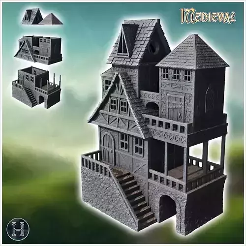 Large medieval building with access staircase half-timbered wall