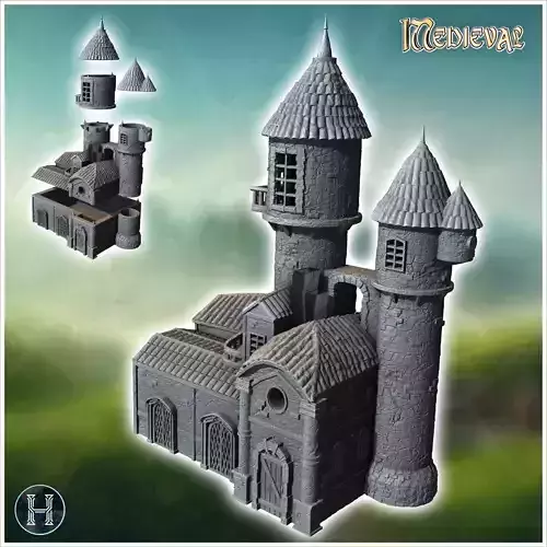 Medieval building with multiple carved doors double towers with 
