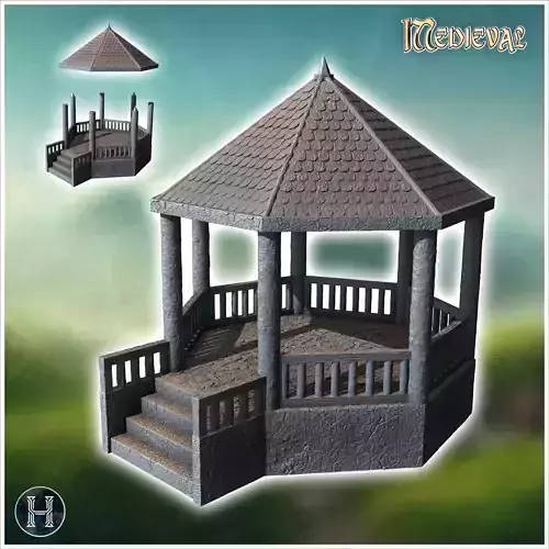 Gazebo with a conical roof columns and surrounding steps for a g