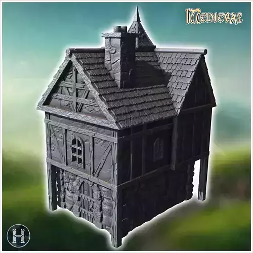 Large two-story medieval house with detailed stone foundation an