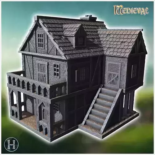 Two-story wooden house with a covered porch external staircase a