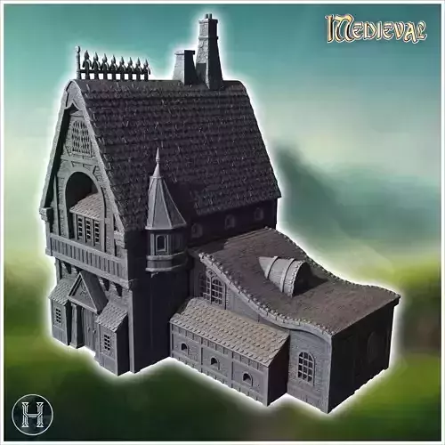 Medieval-style house with a steeply pitched roof large chimneys 