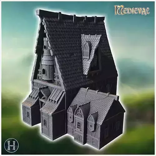 Large timber-framed house with a triangular roof dormer windows 