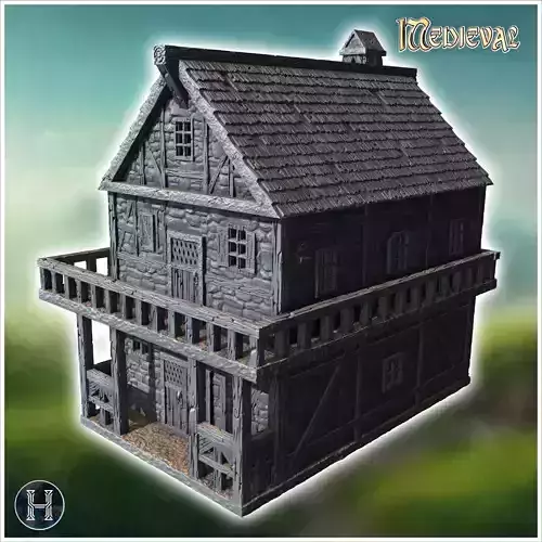 Stone house with visible wooden beams small windows and a triang