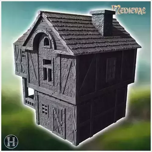 Two-story medieval house with a steeply pitched roof wooden balc