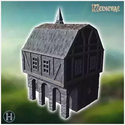 Large wooden structure with a tall tower barn-like roof and mult