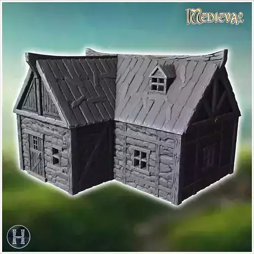 Two-story wooden house with a stone base dormer windows and wood