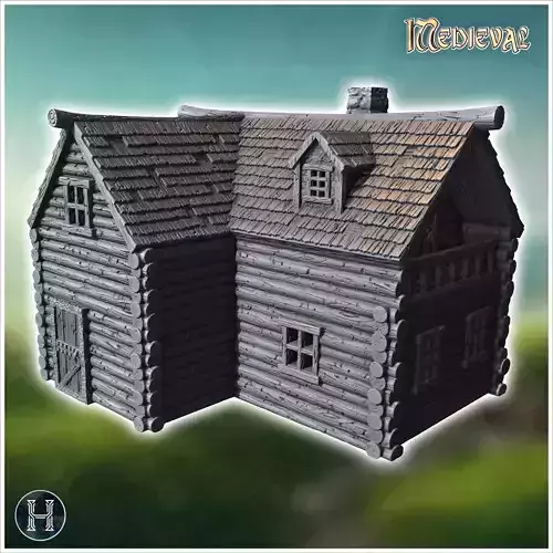 Wooden house with log-style walls a stone chimney and a sloped r