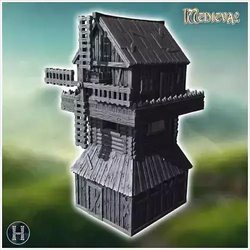 Tall wooden windmill with large blades a sloped roof and a reinf