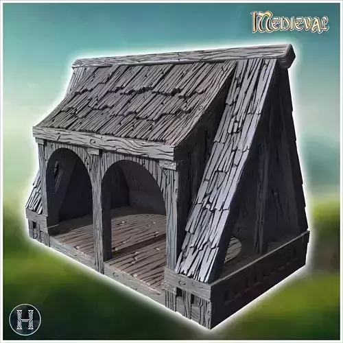 Wooden balcony with arched openings shingled roof and visible su