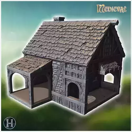 Half-timbered house with a steep roof wooden framework and a lar