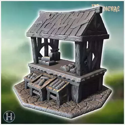 Market stall with wooden beams shingled roof and various food it