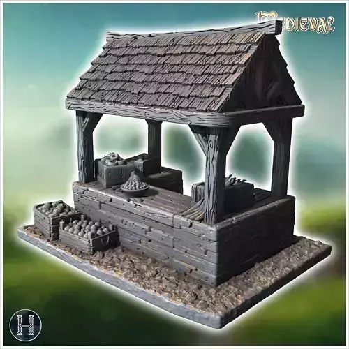 Fruit stand with a shingled roof wooden framework and baskets of