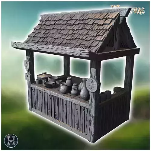 Wooden stall with a shingled roof displaying various ceramic pot