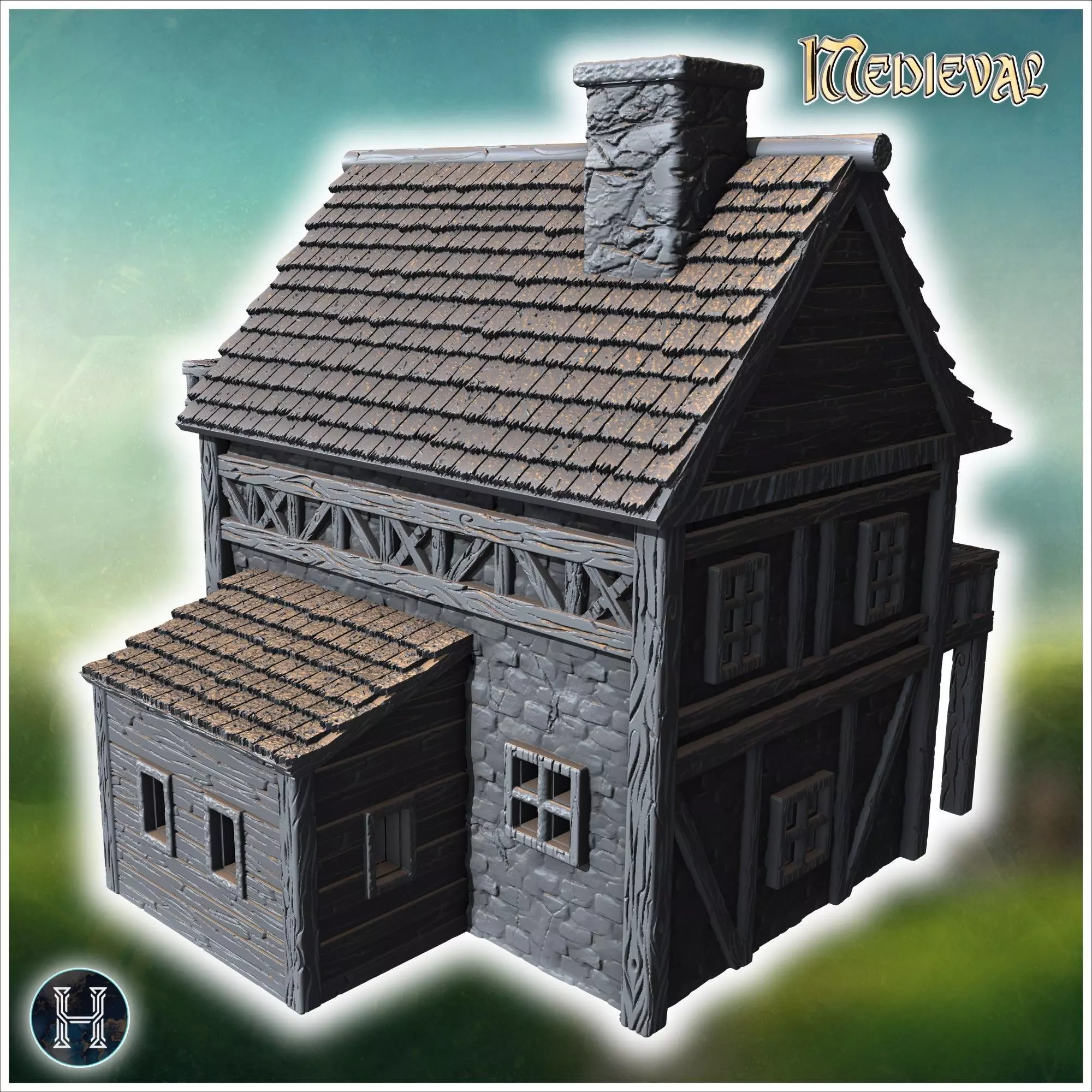 Half-timbered medieval house with a large balcony stone foundati 3D print model_2