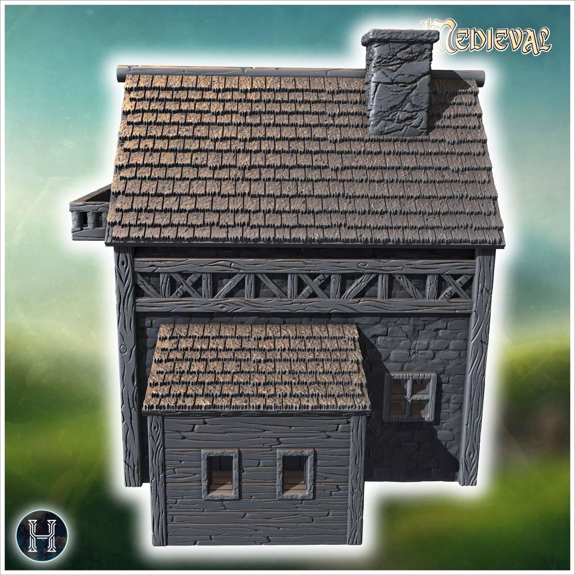 Half-timbered medieval house with a large balcony stone foundati 3D print model_4