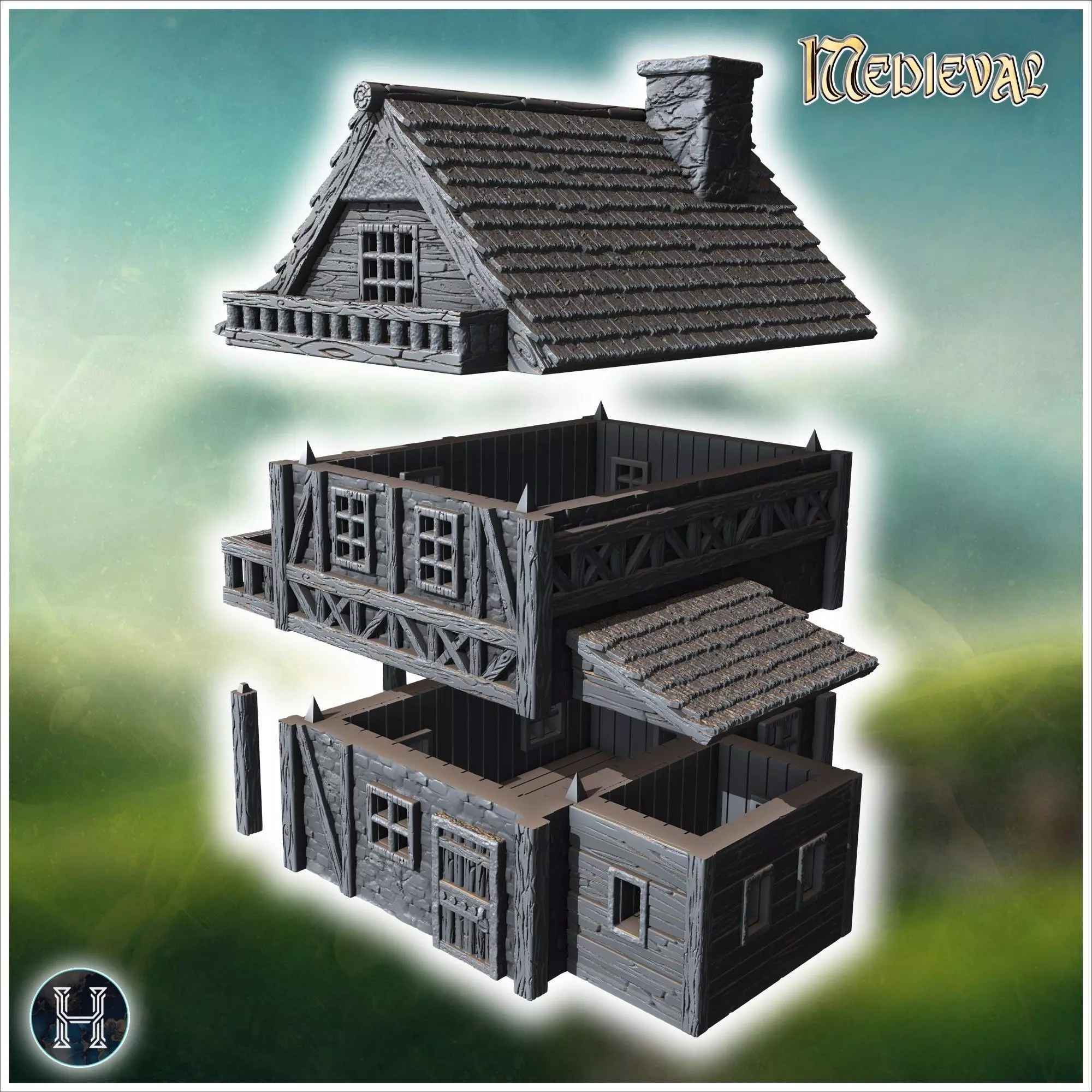Half-timbered medieval house with a large balcony stone foundati 3D print model_5