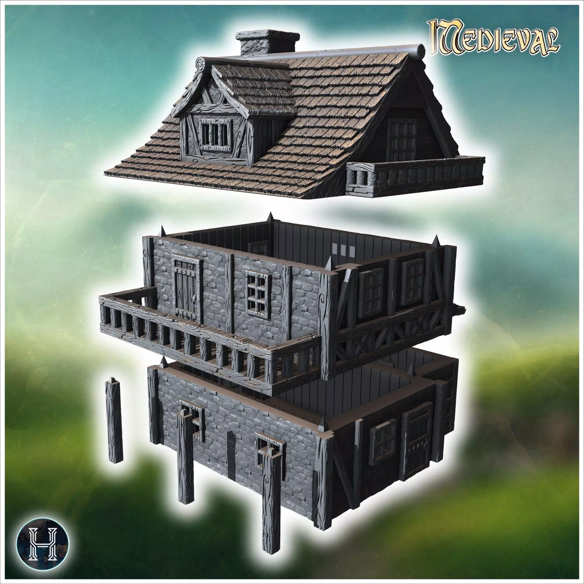 Half-timbered medieval house with a large balcony stone foundati 3D print model_7