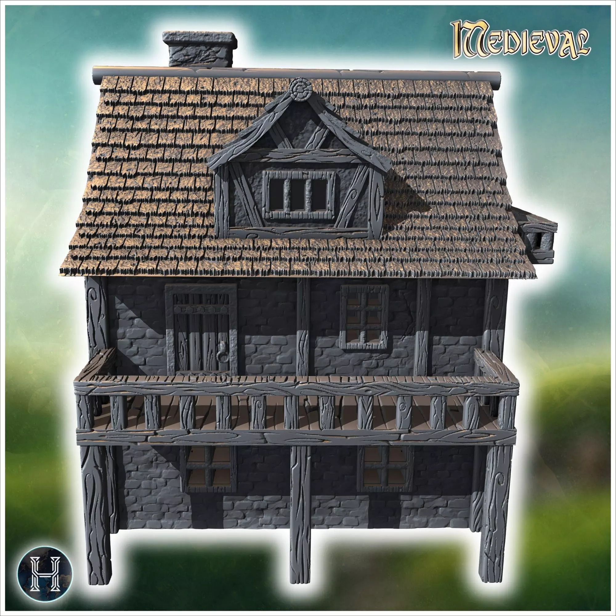 Half-timbered medieval house with a large balcony stone foundati 3D print model_9