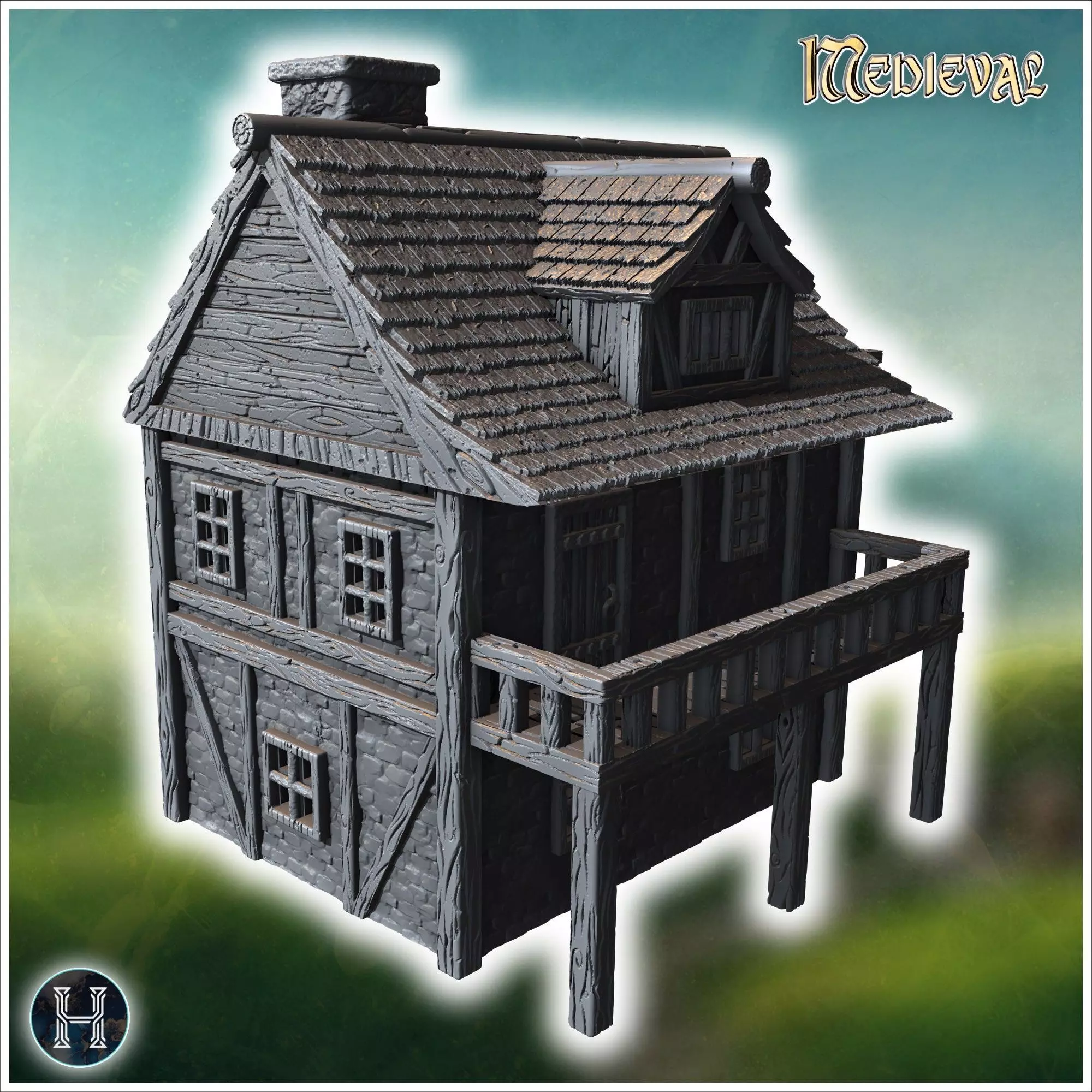 Half-timbered medieval house with a large balcony stone foundati 3D print model_10