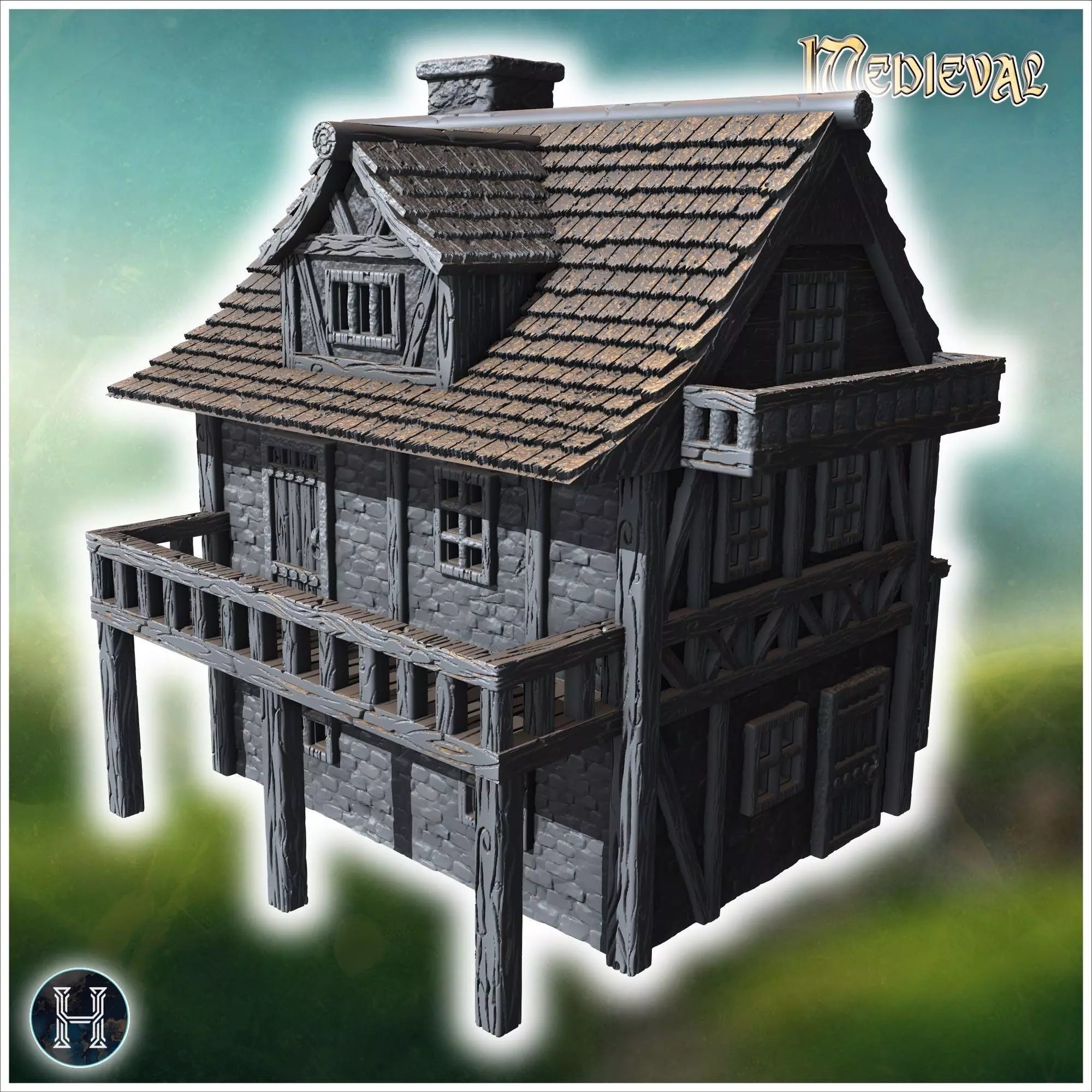 Half-timbered medieval house with a large balcony stone foundati 3D print model_8