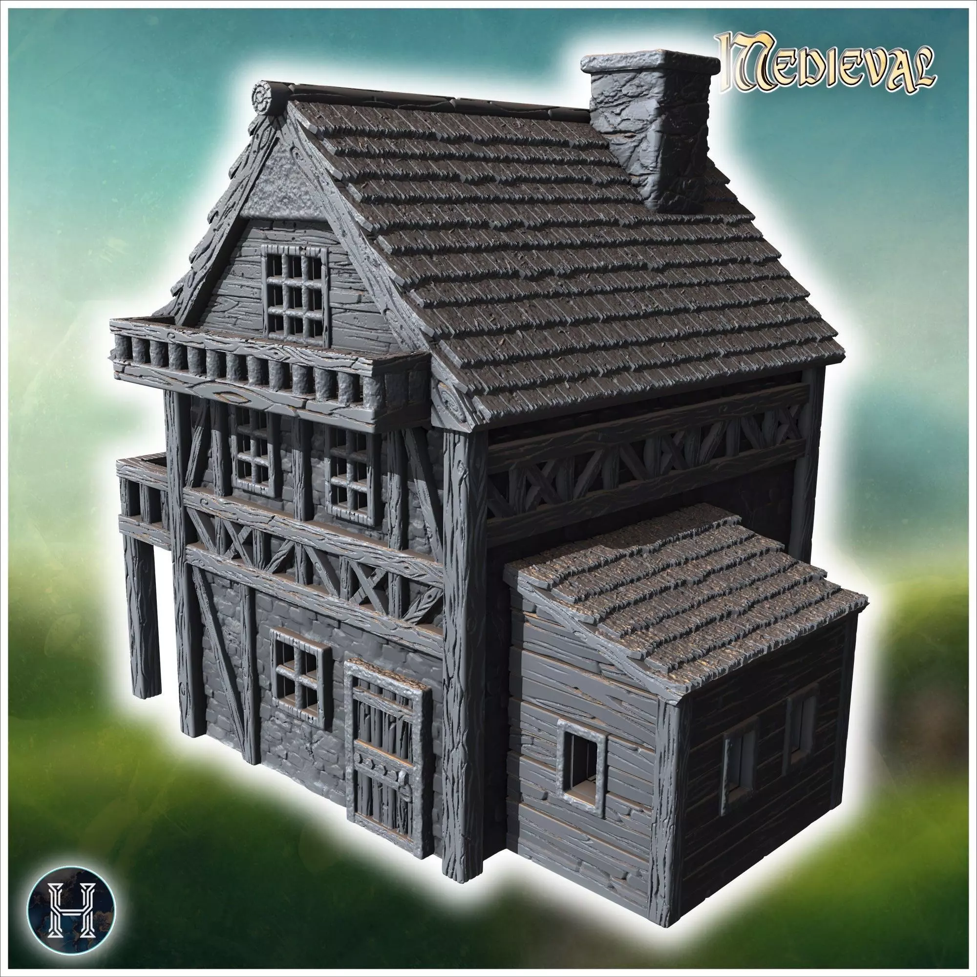 Half-timbered medieval house with a large balcony stone foundati 3D print model_0