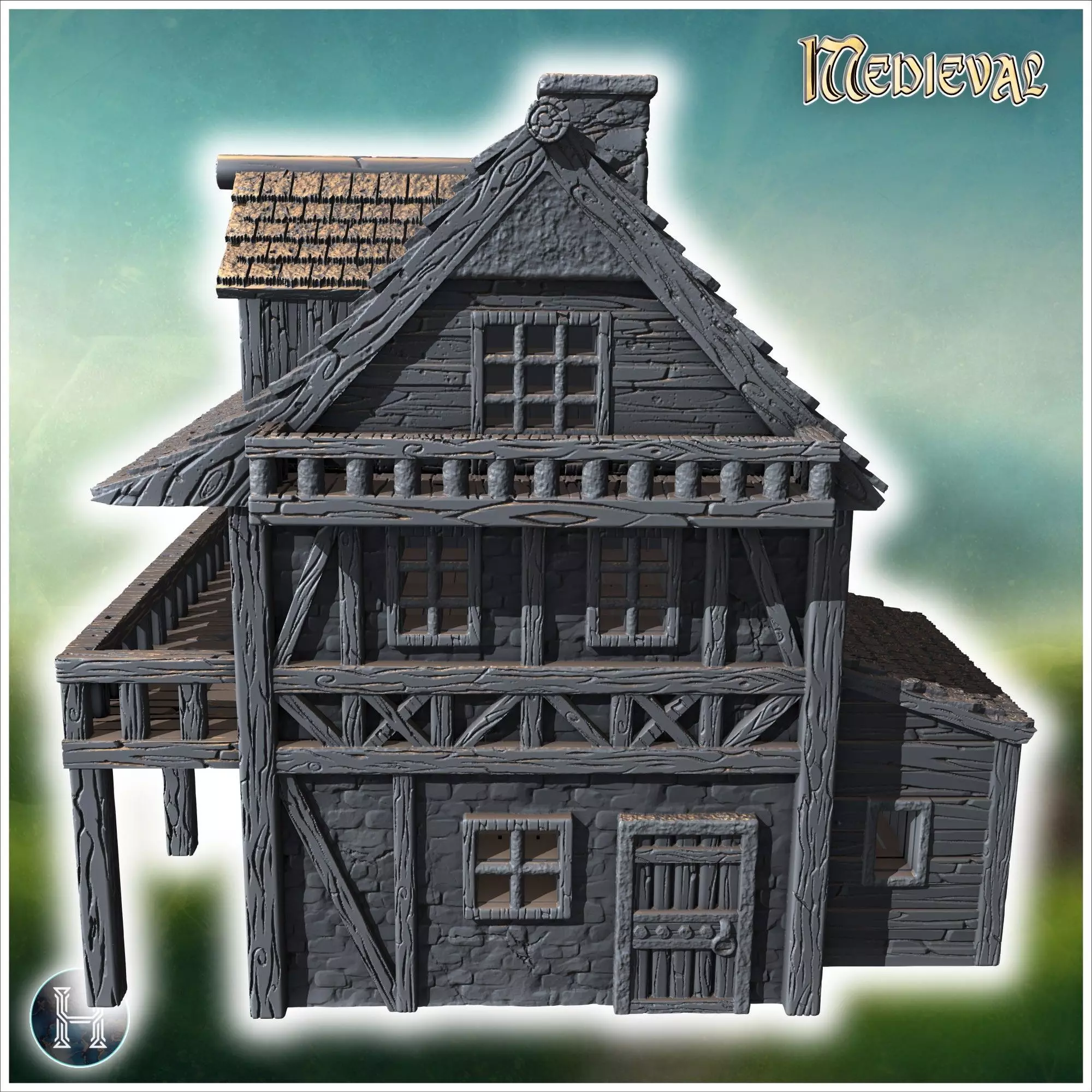 Half-timbered medieval house with a large balcony stone foundati 3D print model_6