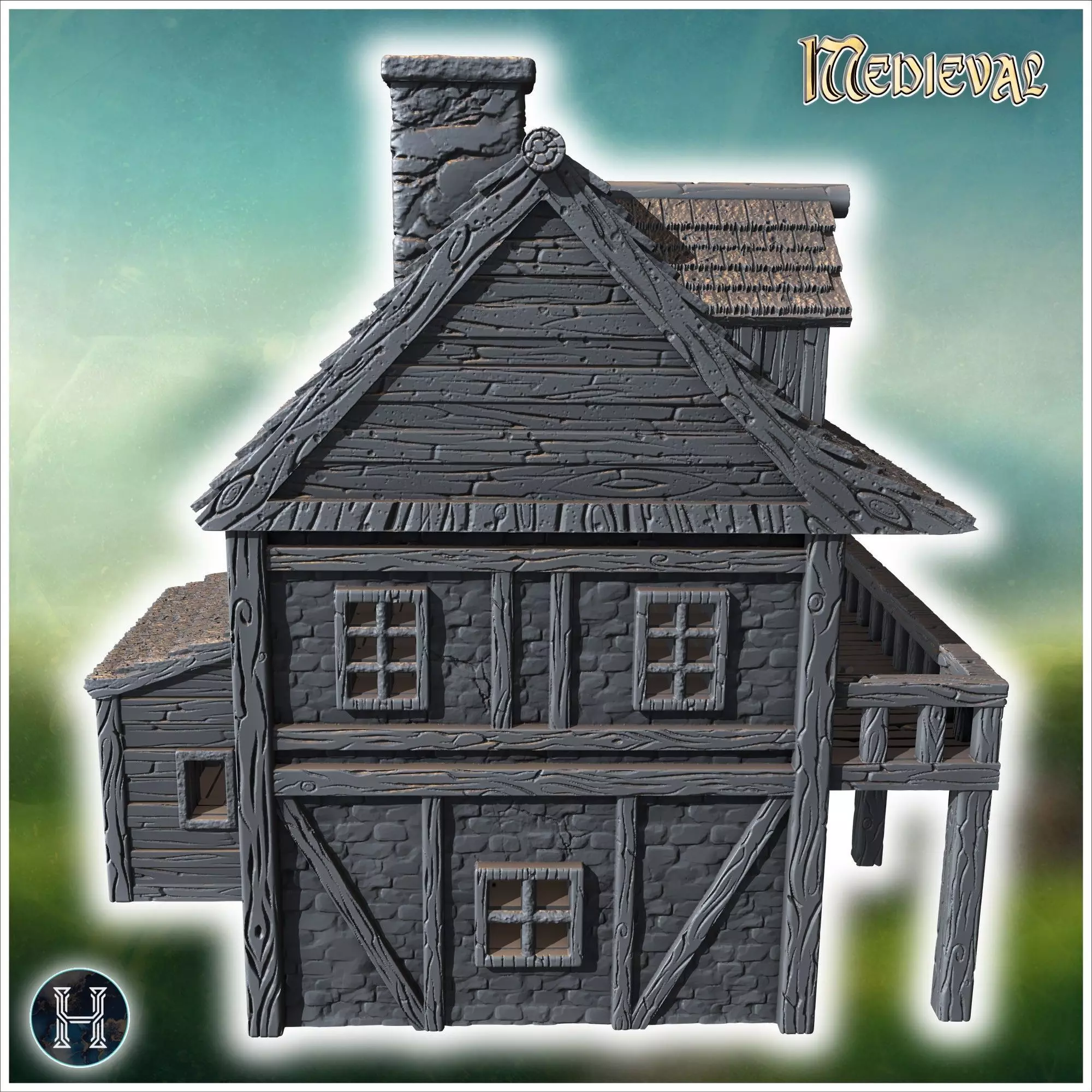 Half-timbered medieval house with a large balcony stone foundati 3D print model_1