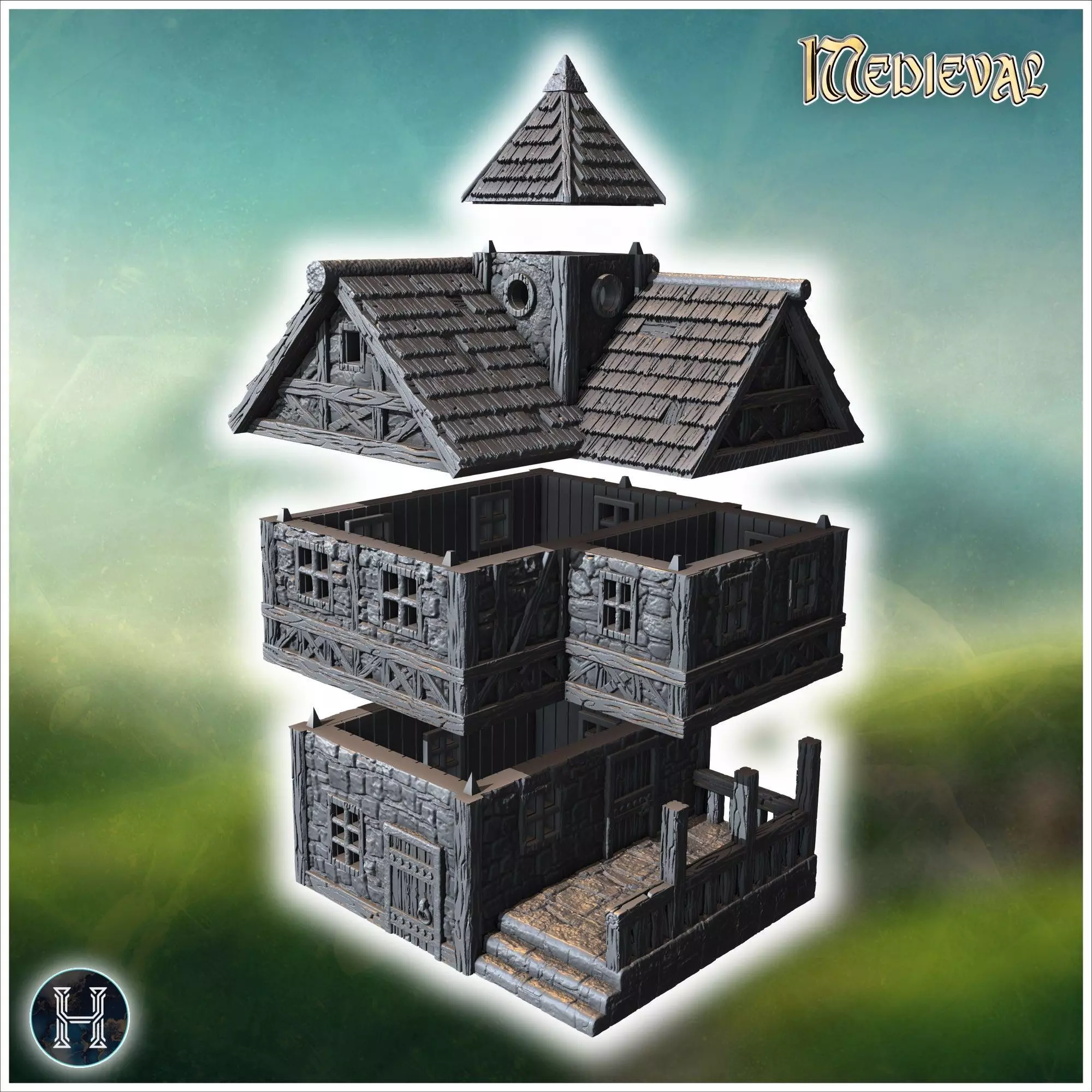 Large medieval building with a tower stone walls and timber fram 3D print model_5