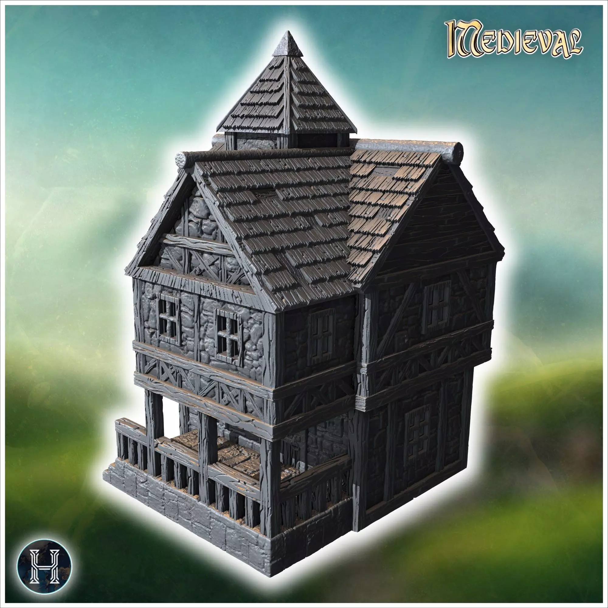 Large medieval building with a tower stone walls and timber fram 3D print model_2