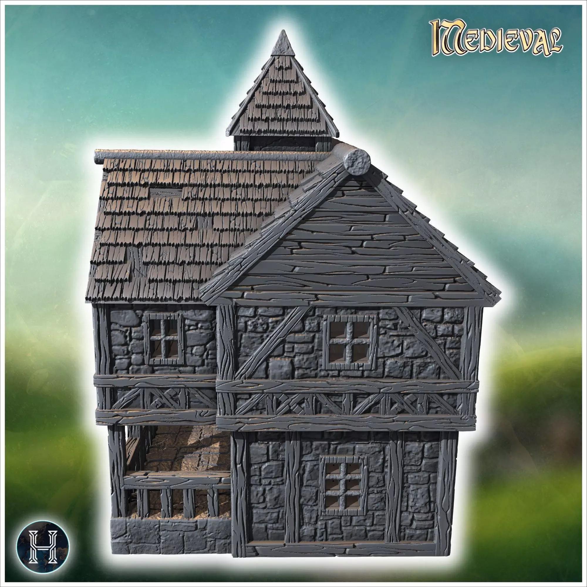 Large medieval building with a tower stone walls and timber fram 3D print model_1
