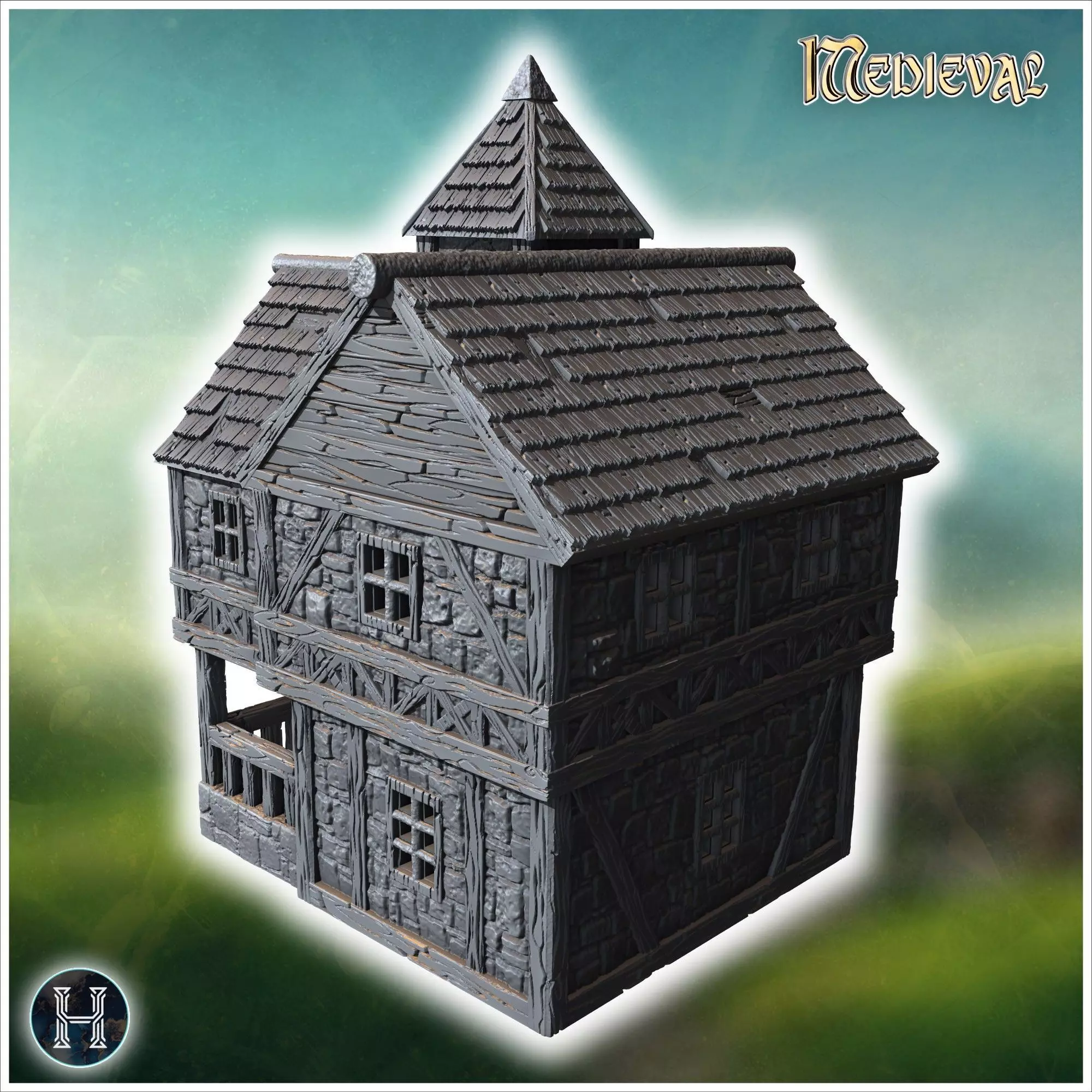 Large medieval building with a tower stone walls and timber fram 3D print model_10