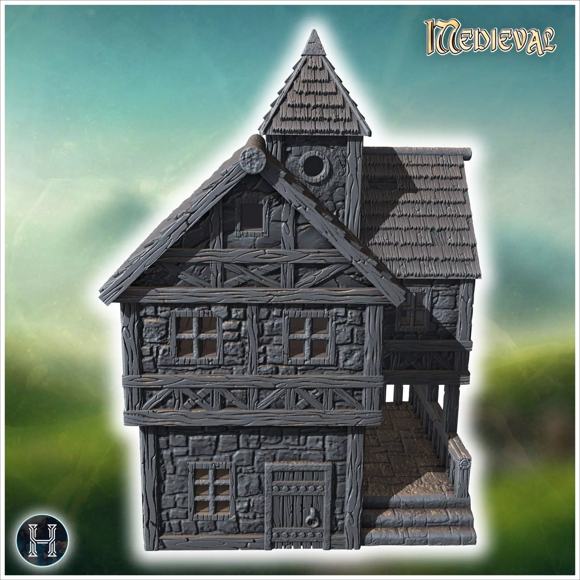 Large medieval building with a tower stone walls and timber fram 3D print model_6