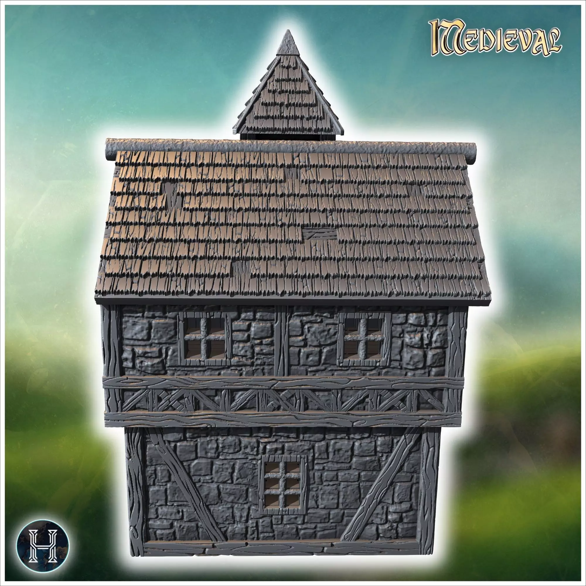 Large medieval building with a tower stone walls and timber fram 3D print model_9
