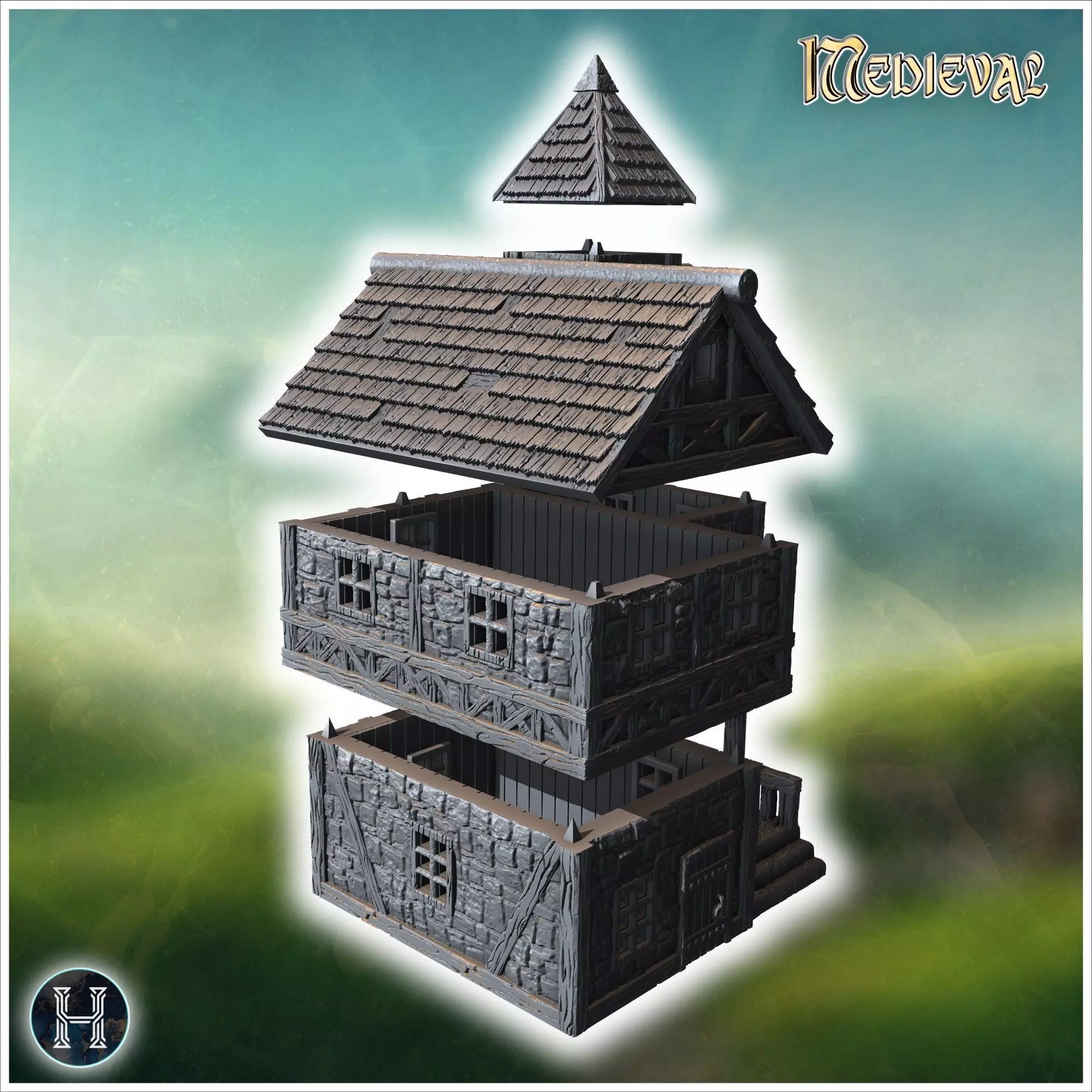 Large medieval building with a tower stone walls and timber fram 3D print model_7