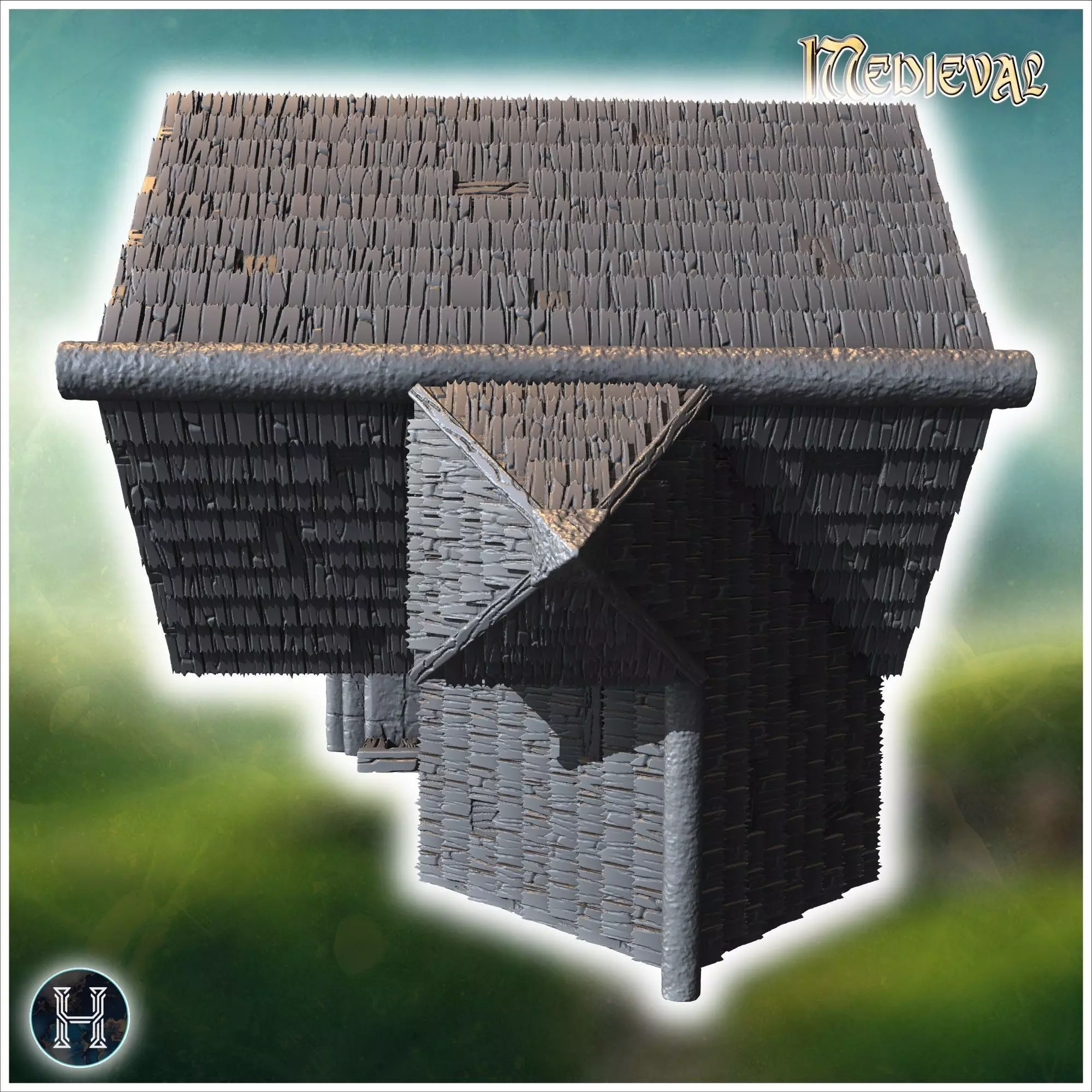 Large medieval building with a tower stone walls and timber fram 3D print model_3