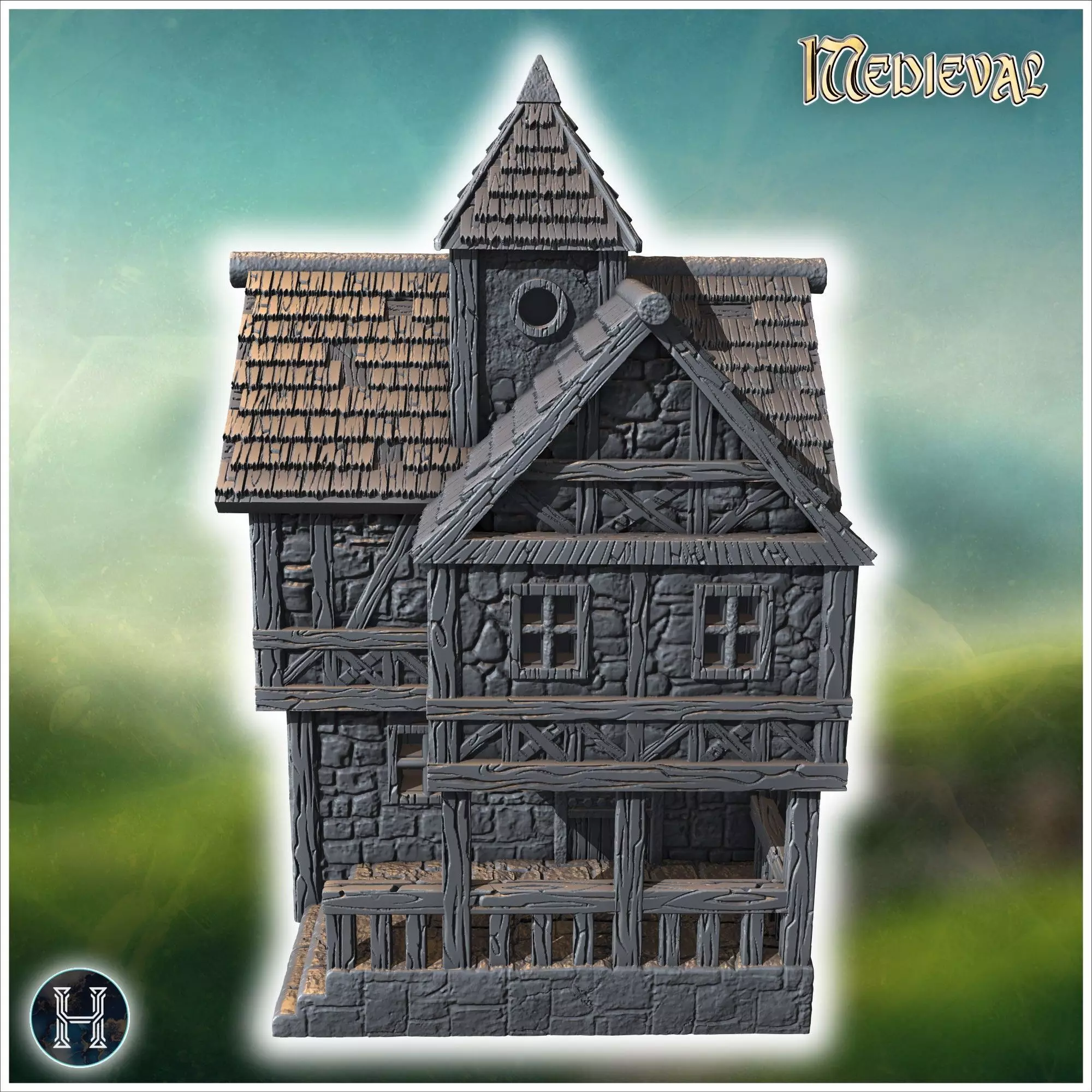 Large medieval building with a tower stone walls and timber fram 3D print model_4