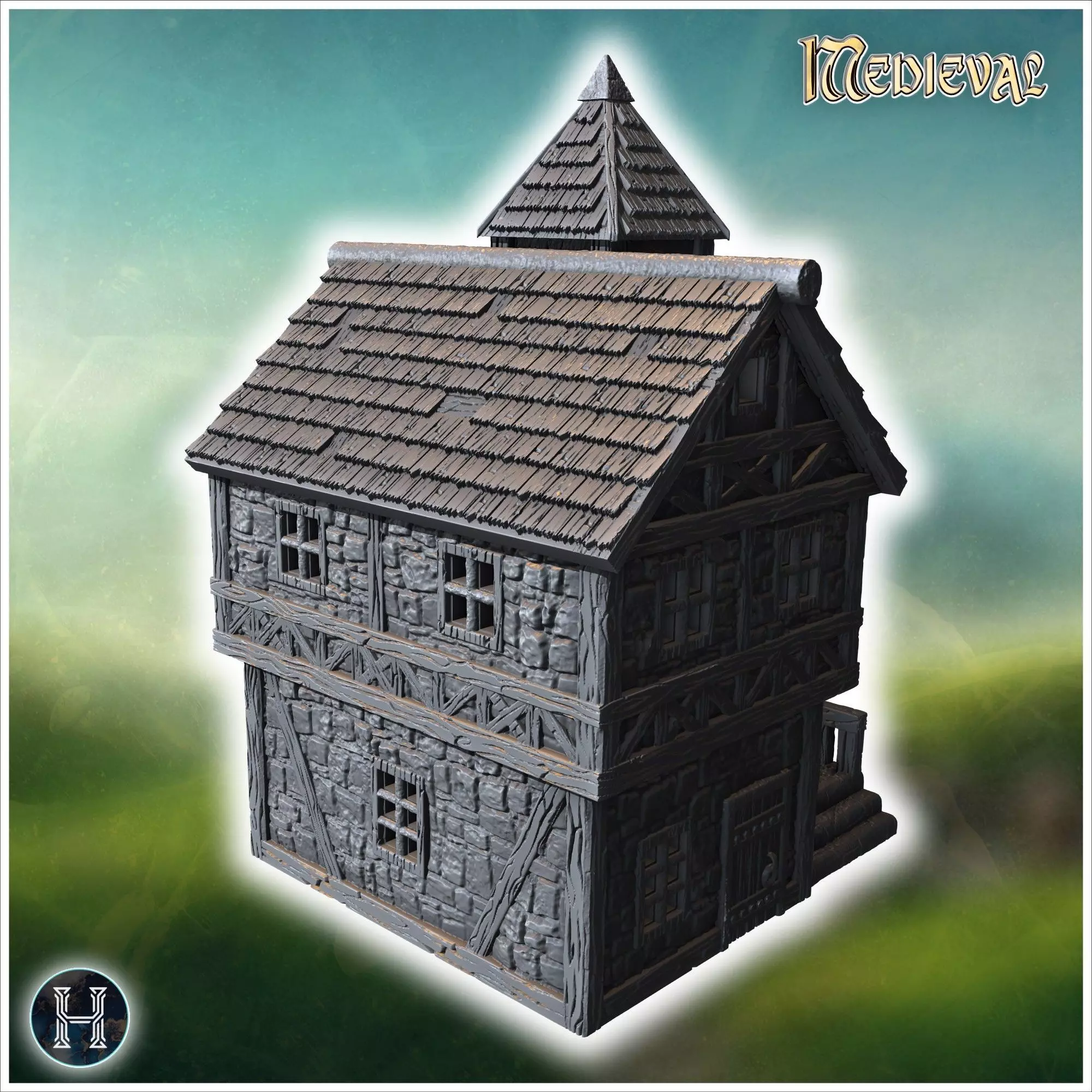 Large medieval building with a tower stone walls and timber fram 3D print model_8