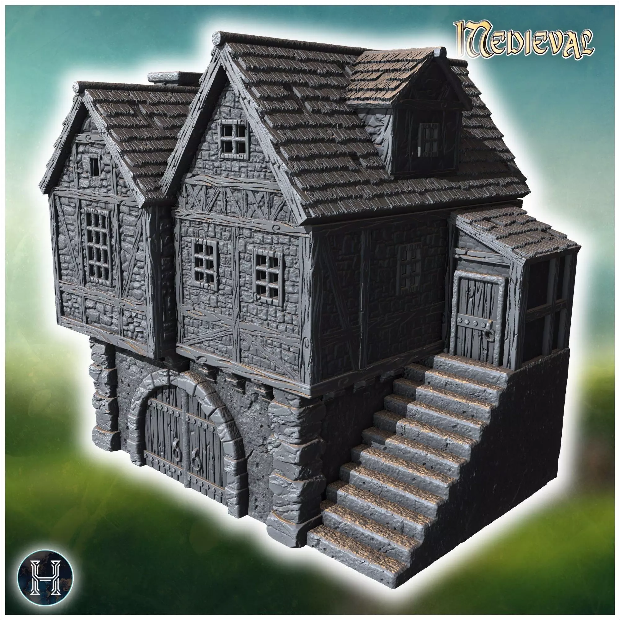 Elevated medieval house with stone steps wooden beams and large 3D print model_0