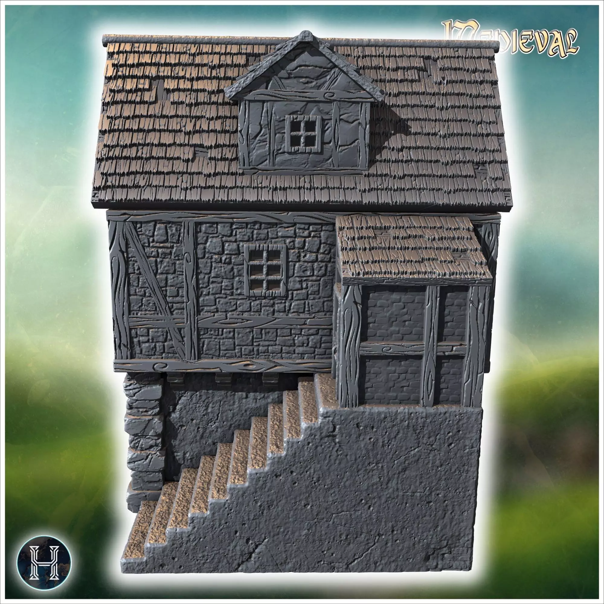Elevated medieval house with stone steps wooden beams and large 3D print model_4