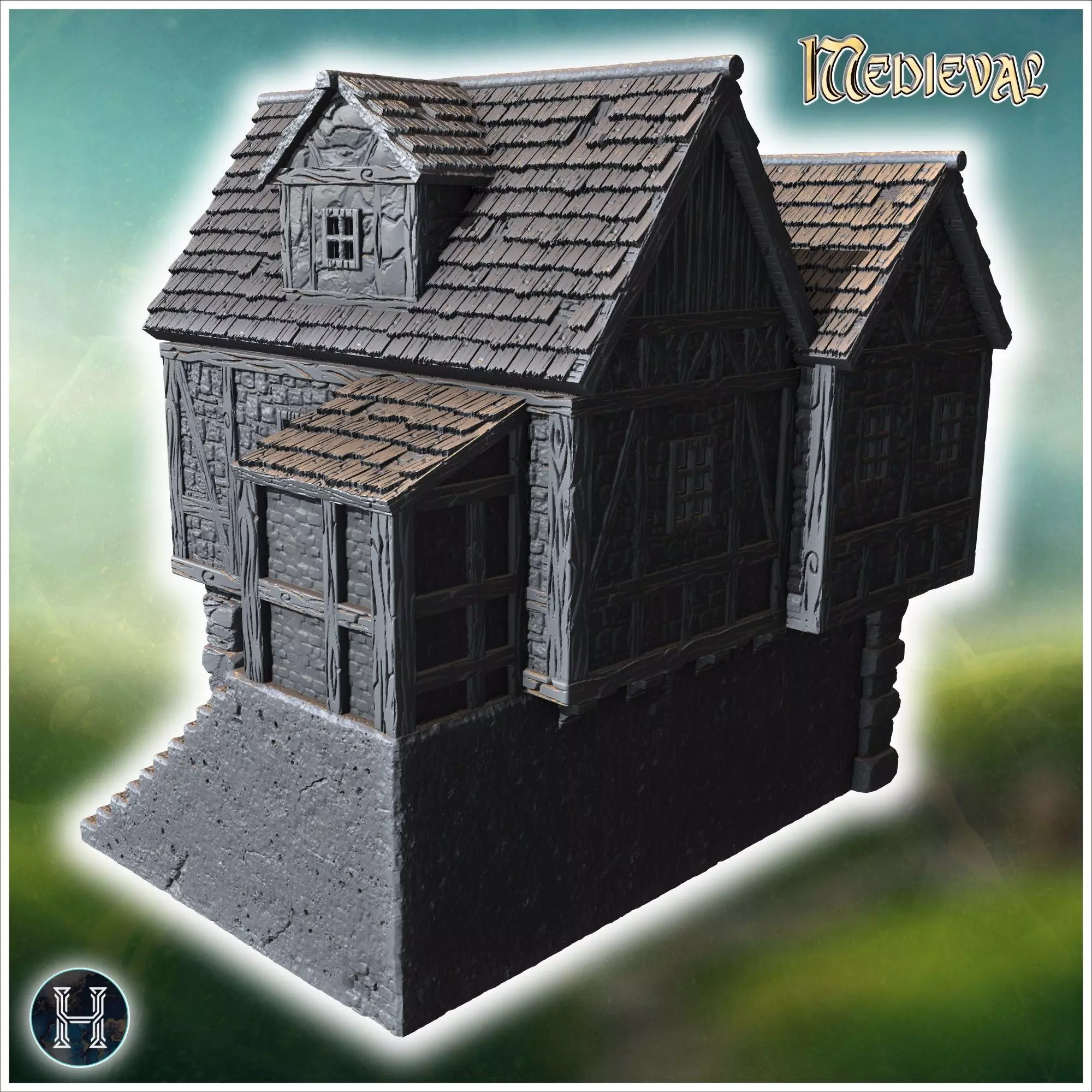 Elevated medieval house with stone steps wooden beams and large 3D print model_2
