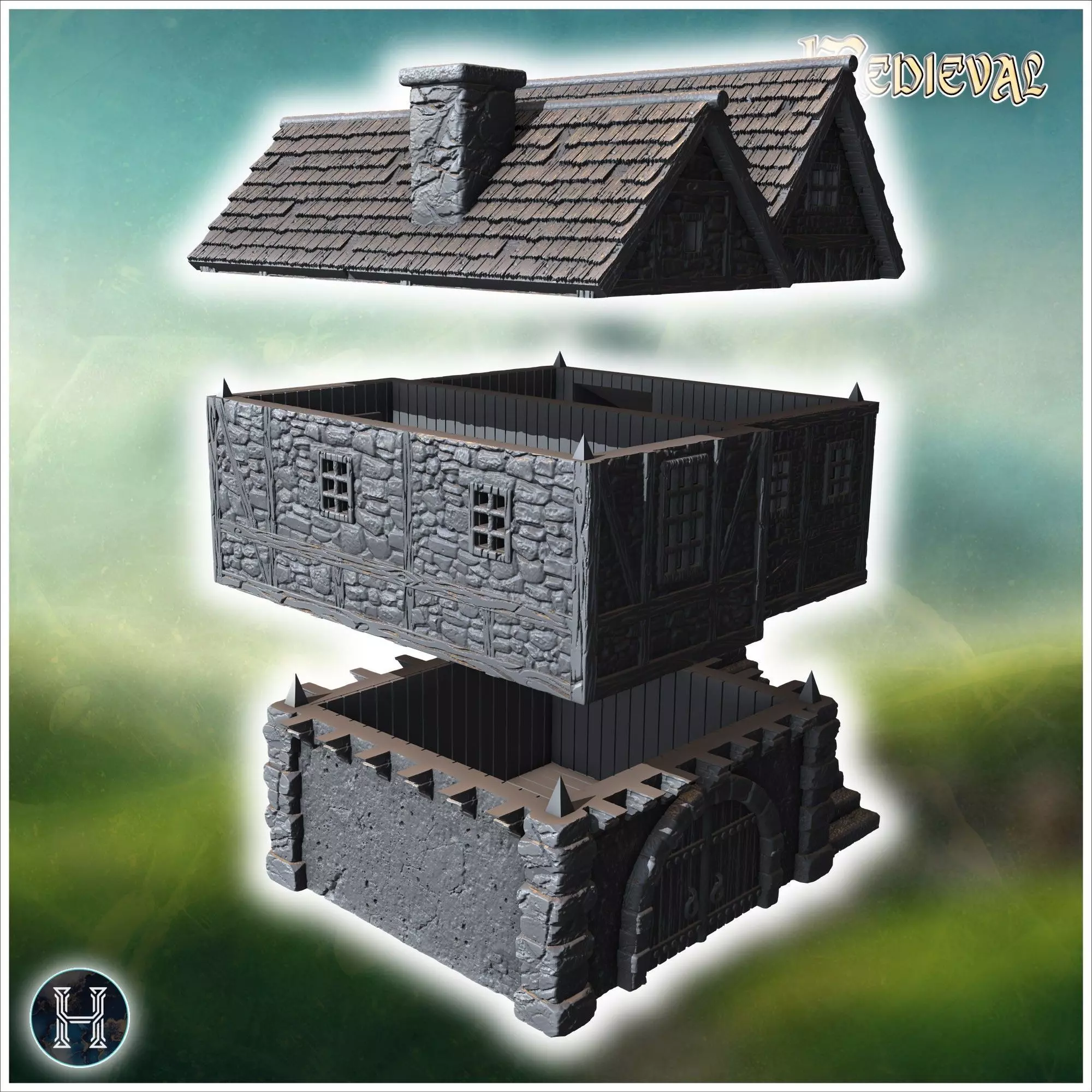 Elevated medieval house with stone steps wooden beams and large 3D print model_7