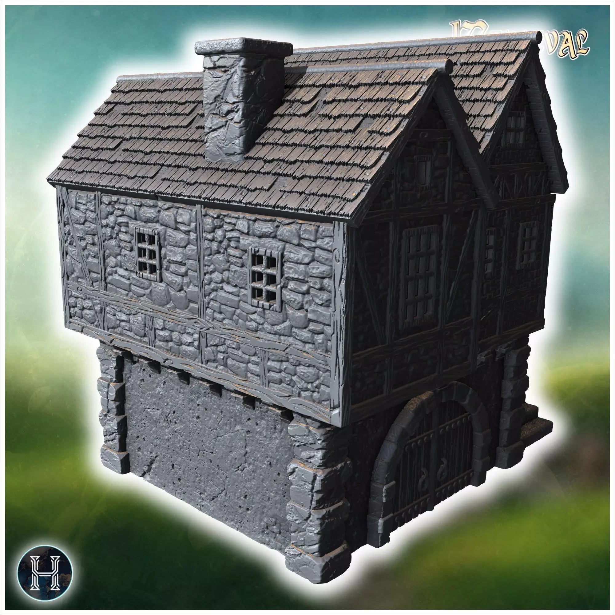 Elevated medieval house with stone steps wooden beams and large 3D print model_8