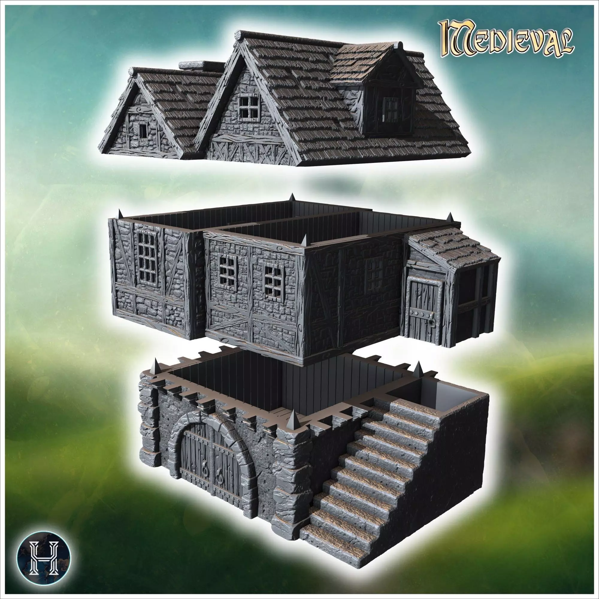 Elevated medieval house with stone steps wooden beams and large 3D print model_5