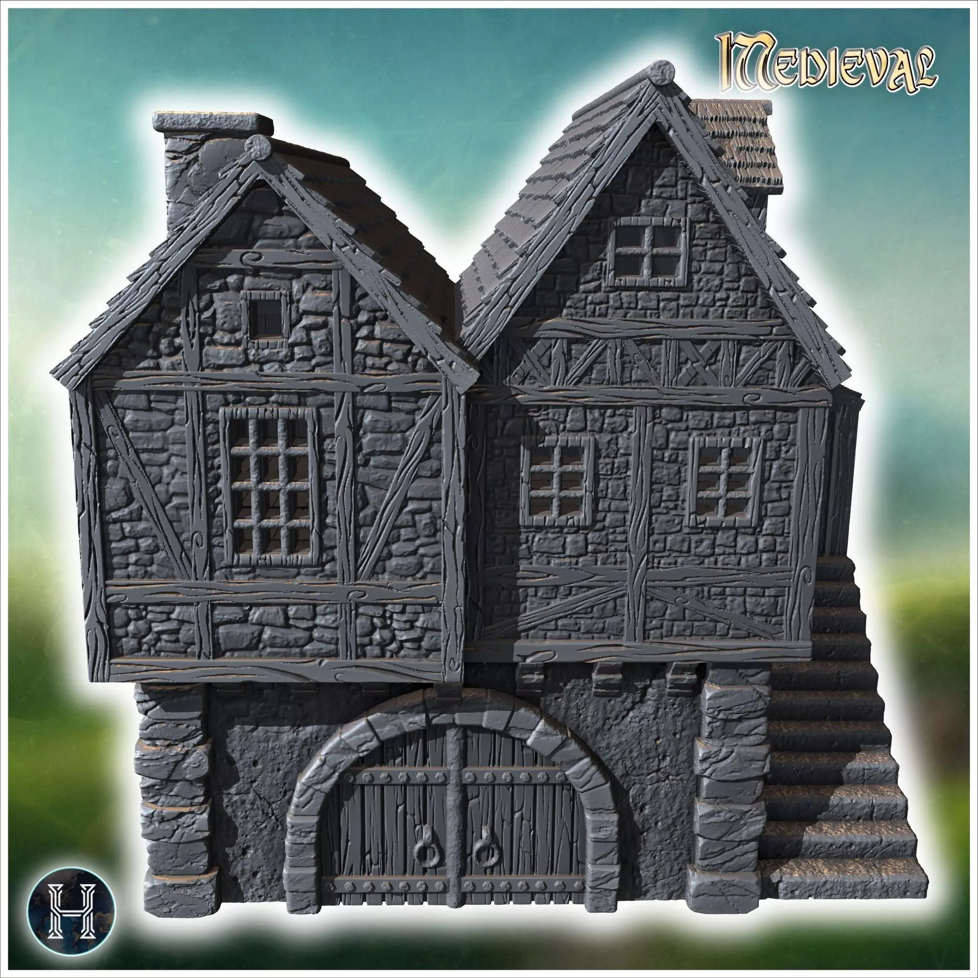Elevated medieval house with stone steps wooden beams and large 3D print model_6
