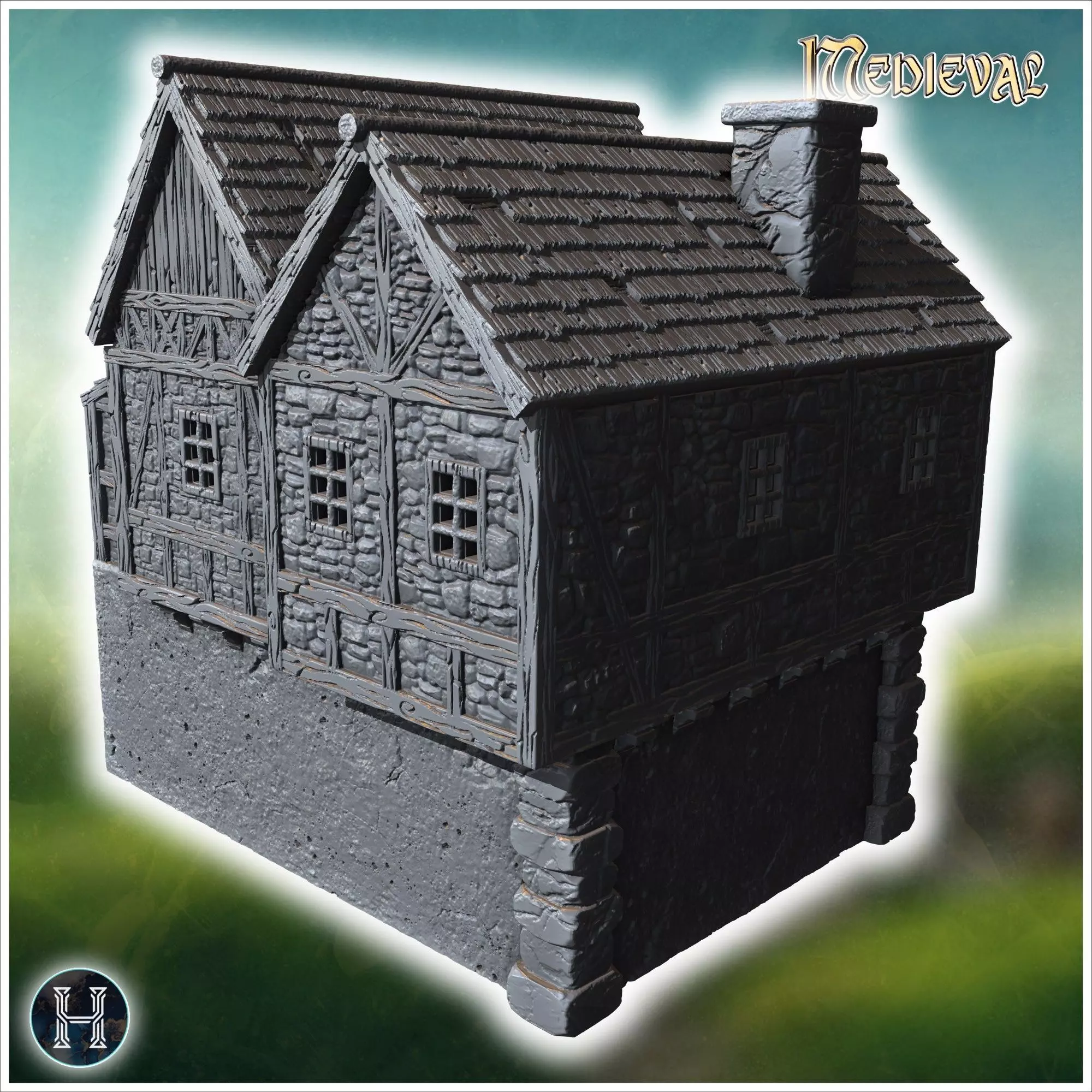 Elevated medieval house with stone steps wooden beams and large 3D print model_10