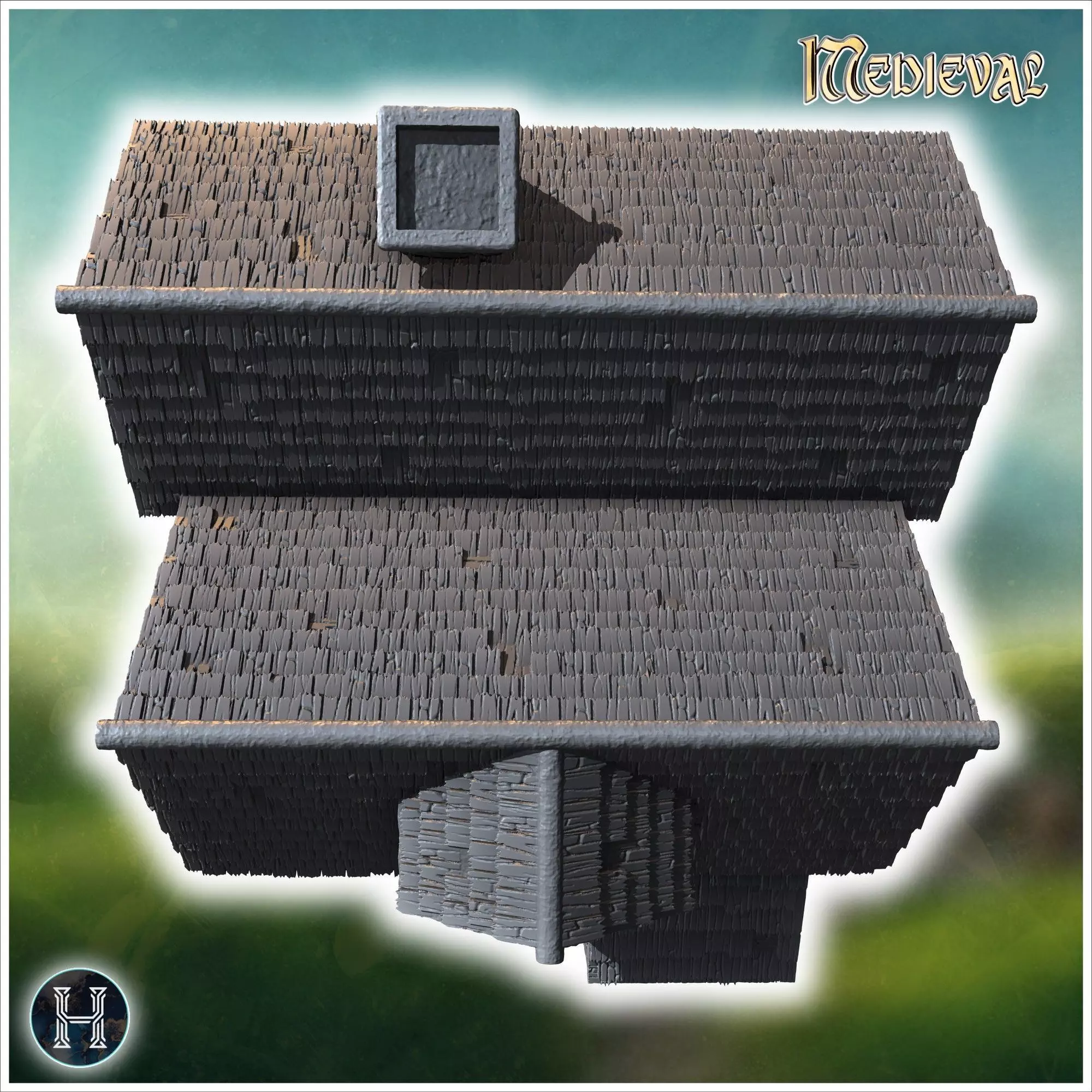 Elevated medieval house with stone steps wooden beams and large 3D print model_3