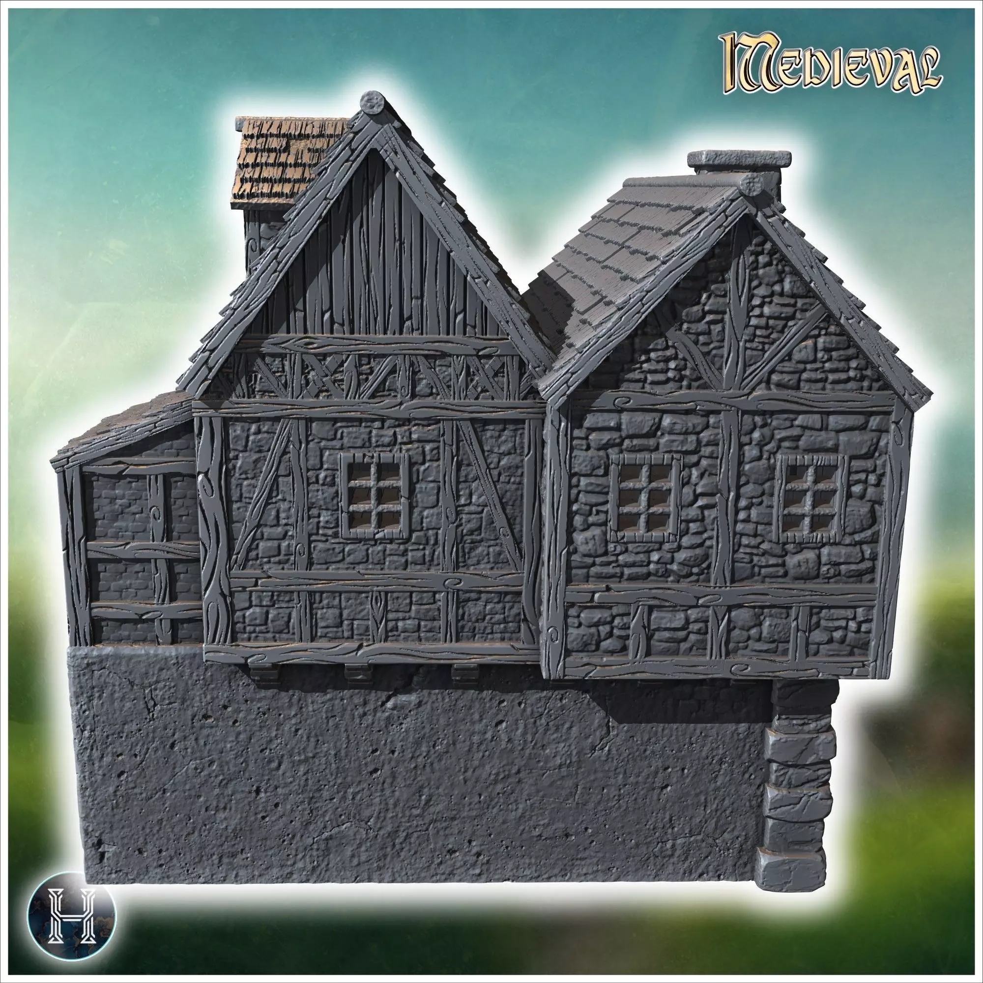 Elevated medieval house with stone steps wooden beams and large 3D print model_1