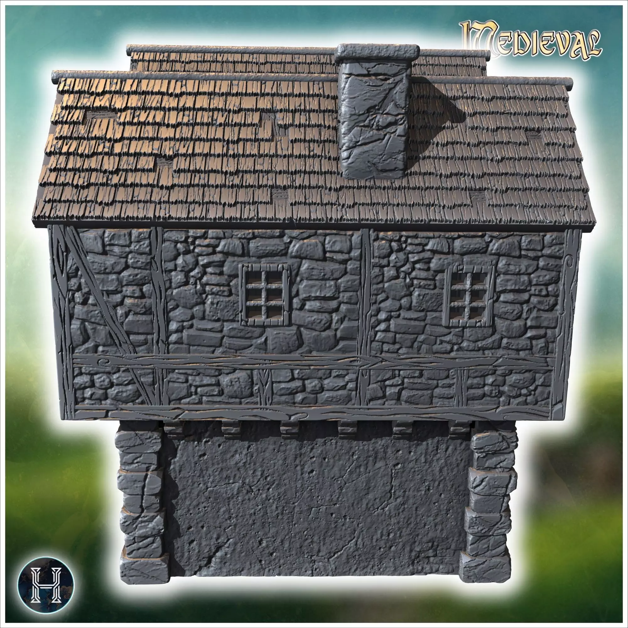 Elevated medieval house with stone steps wooden beams and large 3D print model_9